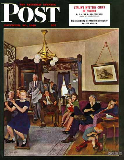 John Falter Saturday Evening Post Thanksgiving Flute Perform 1946_11_30 | Sat Eve Post 1931-69 John Falter Saturday Evening Post Thanksgiving Flute Perform 1946_11_30 | The Saturday Evening Post Graphic Art Covers 1931-1969