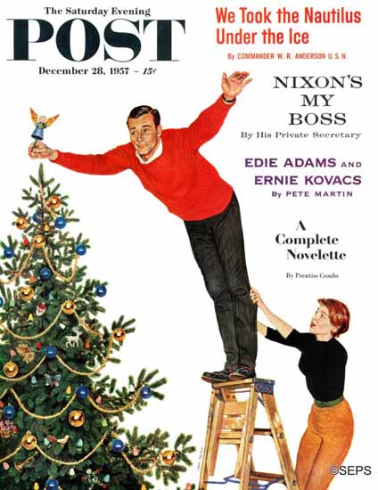John Falter Saturday Evening Post Topping the Tree 1957_12_28 | Sat Eve Post 1931-69 John Falter Saturday Evening Post Topping the Tree 1957_12_28 | The Saturday Evening Post Graphic Art Covers 1931-1969