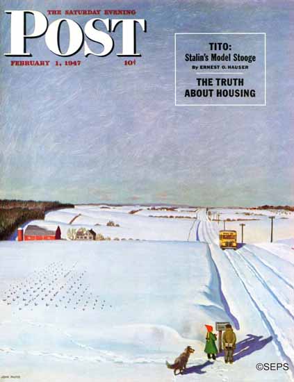 John Falter Saturday Evening Post Waiting School Bus Snow 1947_02_01 | Sat Eve Post 1931-69 John Falter Saturday Evening Post Waiting School Bus Snow 1947_02_01 | The Saturday Evening Post Graphic Art Covers 1931-1969