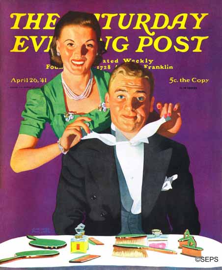 John Hyde Phillips Saturday Evening Post Tying a Tux Tie 1941_04_26 | The Saturday Evening Post Graphic Art Covers 1931-1969