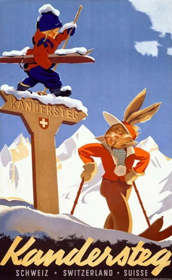 Kandersteg Schweiz Switzerland Suisse Ski Bunny | Vintage Travel Posters 1891-1970