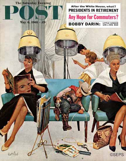 Kurt Ard Saturday Evening Post Cowboy Asleep Beauty Salon 1961_05_06 | The Saturday Evening Post Graphic Art Covers 1931-1969