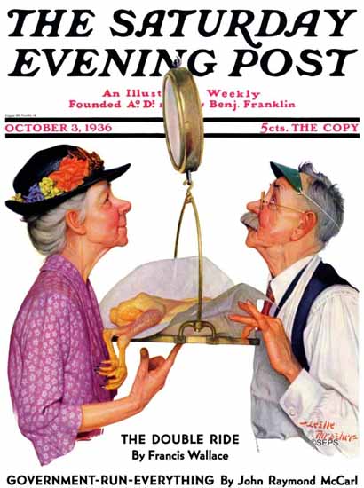 Leslie Thrasher Saturday Evening Post Tipping the Scales 1936_10_03 | The Saturday Evening Post Graphic Art Covers 1931-1969