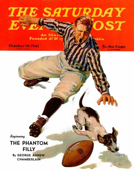 Lonie Bee Saturday Evening Post Dog on the Field 1941_10_18 | The Saturday Evening Post Graphic Art Covers 1931-1969