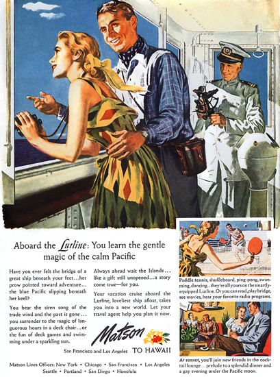 Matson Line Hawaii Lurline Calm Pacific 1949 | Sex Appeal Vintage Ads and Covers 1891-1970