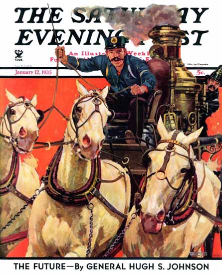 Maurice Bower Saturday Evening Post Racing to the Fire 1935_01_12 | The Saturday Evening Post Graphic Art Covers 1931-1969