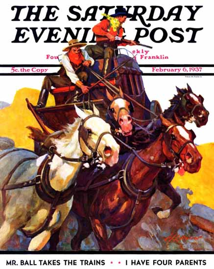 Maurice Bower Saturday Evening Post Speeding Stagecoach 1937_02_06 | The Saturday Evening Post Graphic Art Covers 1931-1969