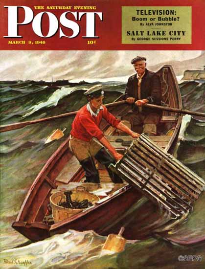 Mead Schaeffer Saturday Evening Post Lobstermen 1946_03_09 | The Saturday Evening Post Graphic Art Covers 1931-1969