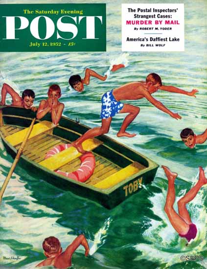 Mead Schaeffer Saturday Evening Post Rowboat Diving 1952_07_12 | The Saturday Evening Post Graphic Art Covers 1931-1969