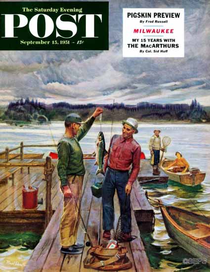 Mead Schaeffer Saturday Evening Post Showing Off Big One 1951_09_15 | The Saturday Evening Post Graphic Art Covers 1931-1969