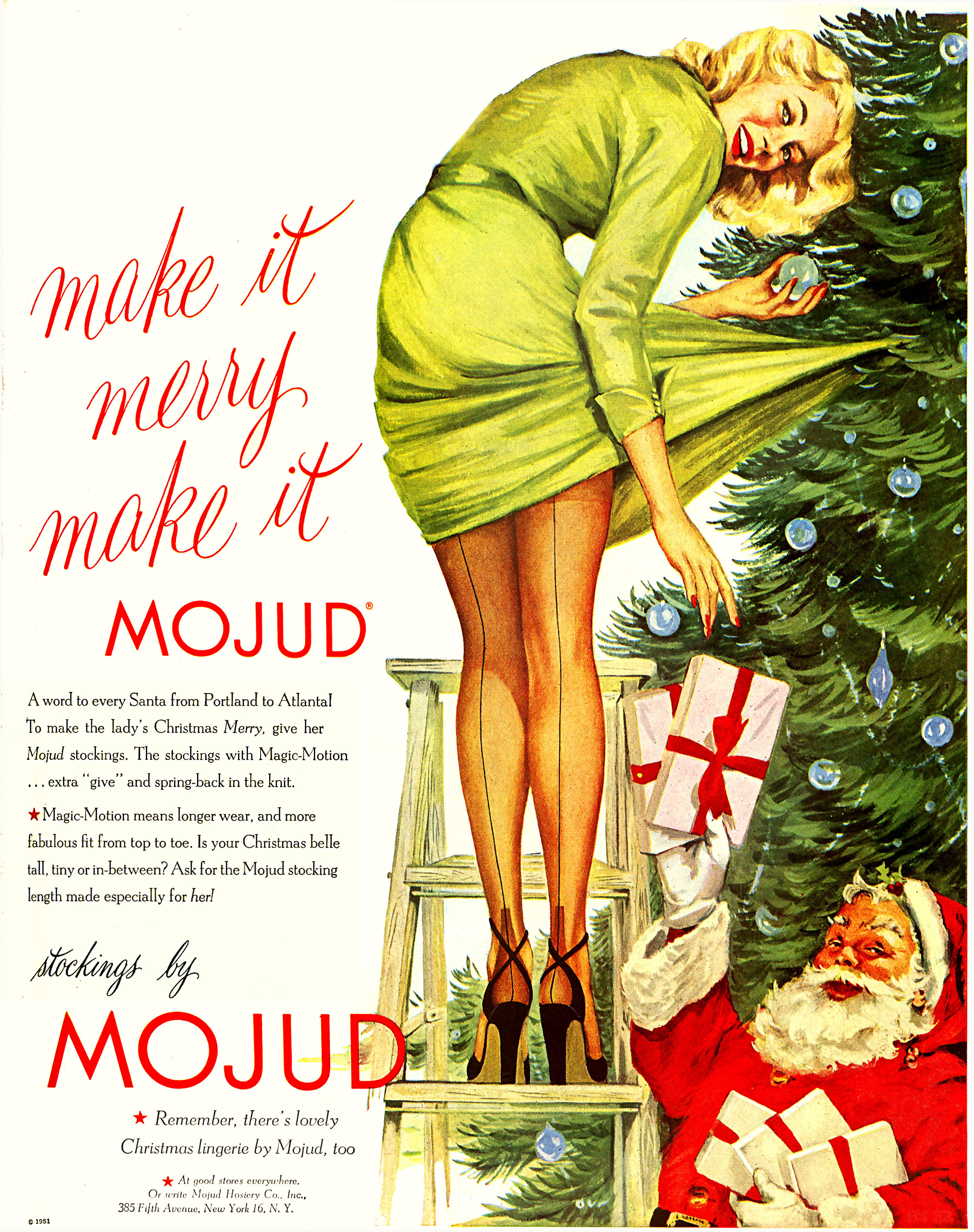 Mojud Stockings Christmas Girl In High Heels 1951 Mad Men Art Vintage Ad Art Collection picture