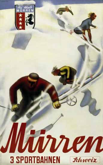 Muerren 3 Sportbahnen Schweiz Skiing Switzerland 1937 | Vintage Travel Posters 1891-1970