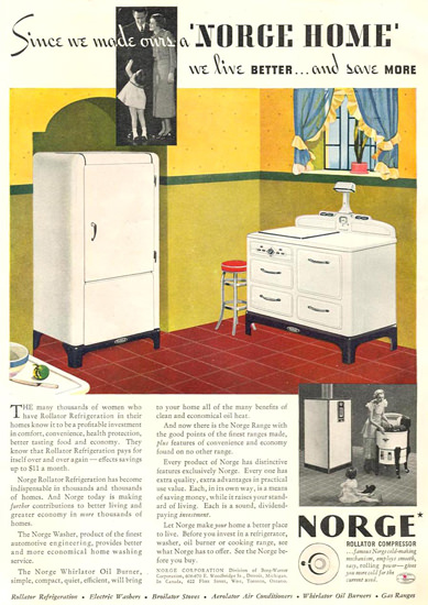 Norge Rollator Refrigeration Broilator Stove 1935 | Vintage Ad and Cover Art 1891-1970