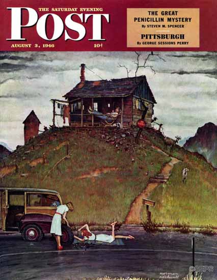 Norman Rockwell Saturday Evening Post Changing a Flat 1946_08_03 | The Saturday Evening Post Graphic Art Covers 1931-1969