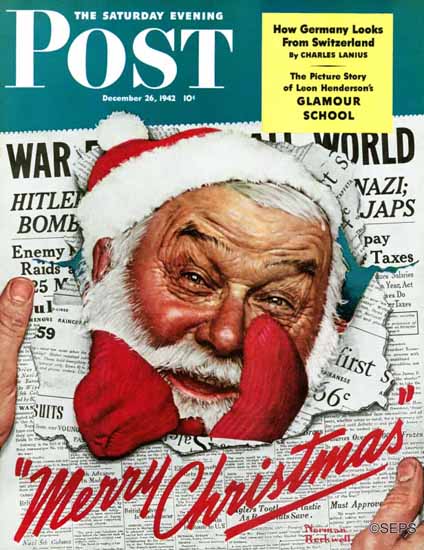 Norman Rockwell Saturday Evening Post Santa in the News 1942_12_26 | The Saturday Evening Post Graphic Art Covers 1931-1969