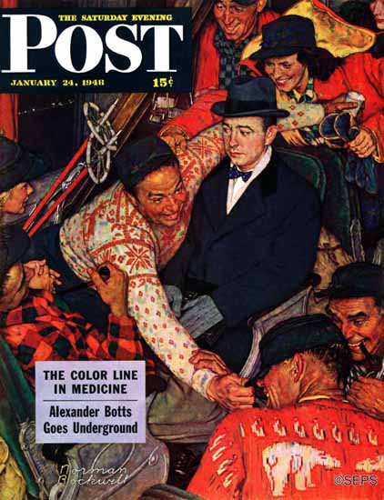 Norman Rockwell Saturday Evening Post Trip on a Ski Train 1948_01_24 | Sat Eve Post 1931-69 Norman Rockwell Saturday Evening Post Trip on a Ski Train 1948_01_24 | The Saturday Evening Post Graphic Art Covers 1931-1969
