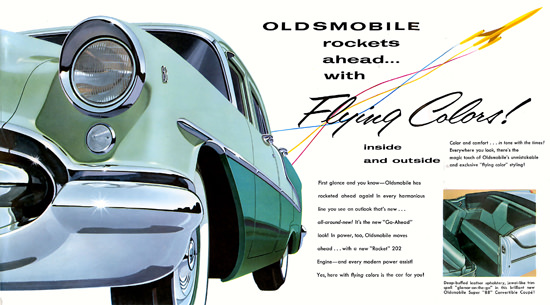 Oldsmobile Rockets Ahead Flying Colors 1955 Mad Men Art Vintage Ad