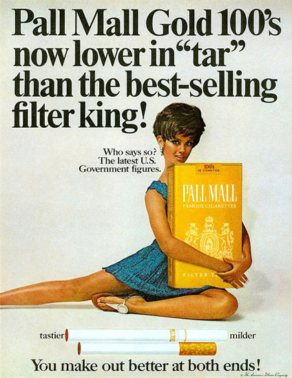 Pall Mall Gold 100s Lower In Tar Girl 1969 | Sex Appeal Vintage Ads and Covers 1891-1970