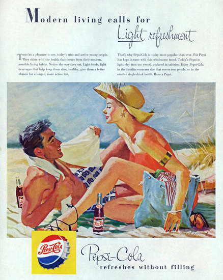 Pepsi-Cola Beach Modern Living Calls For Pepsi 1950s | Sex Appeal Vintage Ads and Covers 1891-1970