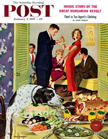 Richard Sargent Saturday Evening Post Doggy Buffet 1957_01_05 | The Saturday Evening Post Graphic Art Covers 1931-1969