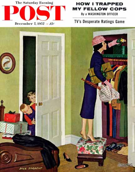 Richard Sargent Saturday Evening Post Hiding the Presents 1957_12_07 | The Saturday Evening Post Graphic Art Covers 1931-1969