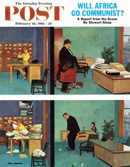 Richard Sargent Saturday Evening Post Putting Time in Office 1961_02_18 | The Saturday Evening Post Graphic Art Covers 1931-1969