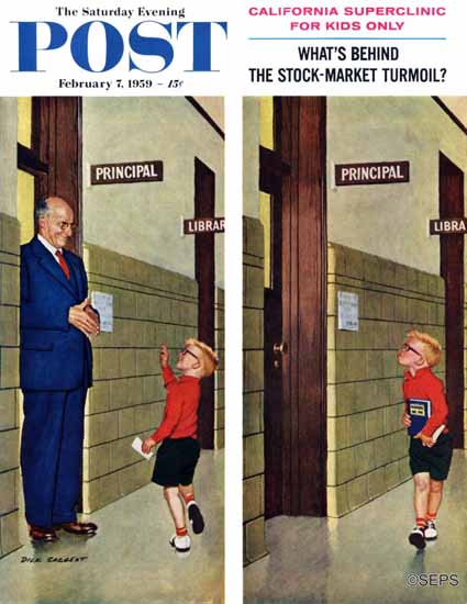 Richard Sargent Saturday Evening Post Sticking out Tongue 1959_02_07 | The Saturday Evening Post Graphic Art Covers 1931-1969