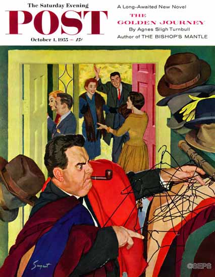 Richard Sargent Saturday Evening Post Tangled Coat Hangers 1955_10_01 | The Saturday Evening Post Graphic Art Covers 1931-1969