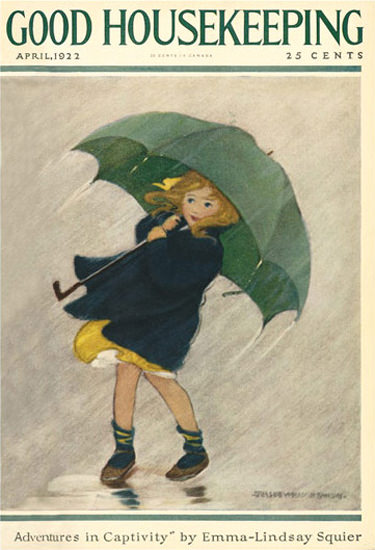 Roaring 1920s Good Housekeeping Copyright 1922 Little Girl In The Rain | Roaring 1920s Ad Art and Magazine Cover Art