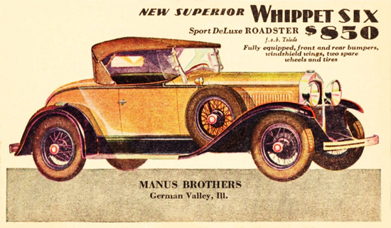 Roaring 1920s Whippet Six Sport DeLuxe Roadster 1929 | Roaring 1920s Ad Art and Magazine Cover Art