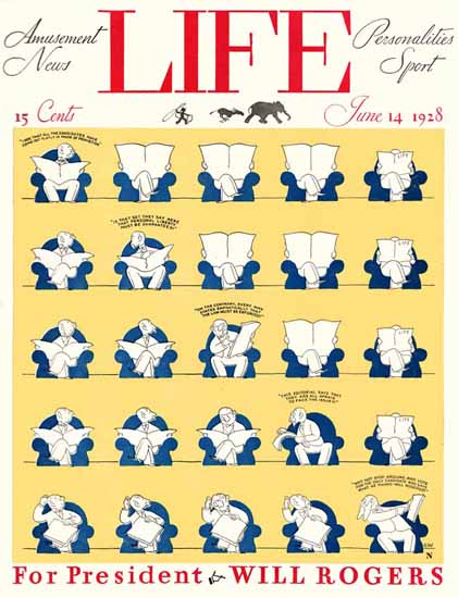 Roaring 1920s Will Rogers President Life Magazine 1928-06-14 Copyright | Roaring 1920s Ad Art and Magazine Cover Art