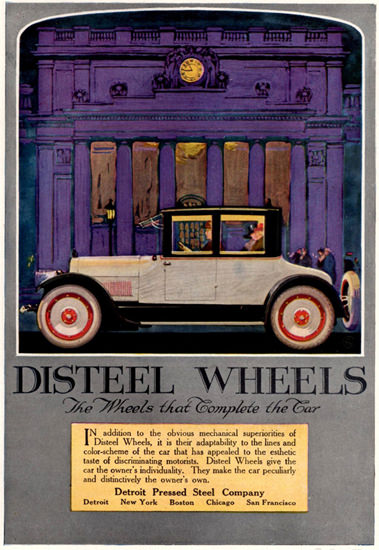 Roaring Twenties 1920s Disteel Wheels Coupe Detroit 1920 | Roaring 1920s Ad Art and Magazine Cover Art
