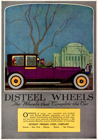 Roaring Twenties 1920s Disteel Wheels Town Car Detroit 1920 | Roaring 1920s Ad Art and Magazine Cover Art