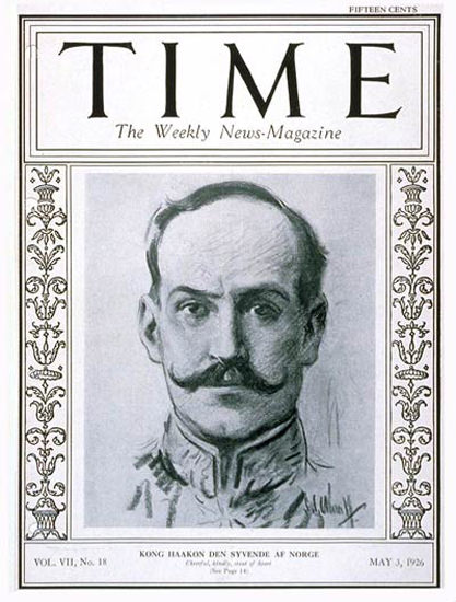 Roaring Twenties 1926-05 King Haakon VII Copyright Time Magazine | Roaring 1920s Ad Art and Magazine Cover Art
