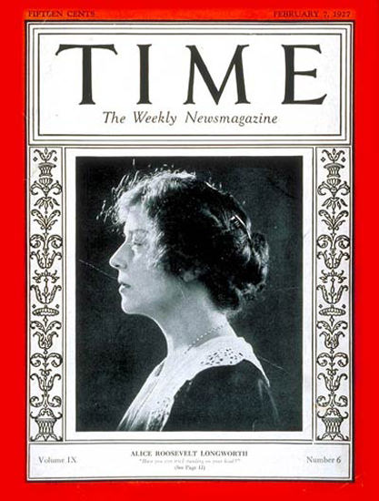 Roaring Twenties 1927-02 Alice R Longworth Copyright Time Magazine | Roaring 1920s Ad Art and Magazine Cover Art