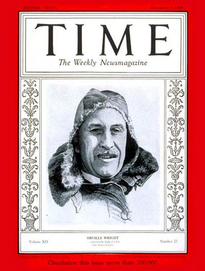 Roaring Twenties 1928-12 Orville Wright Copyright Time Magazine | Roaring 1920s Ad Art and Magazine Cover Art