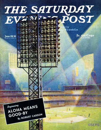 Roy Hilton Saturday Evening Post Baseball Stadium at Night 1941_06_28 | The Saturday Evening Post Graphic Art Covers 1931-1969