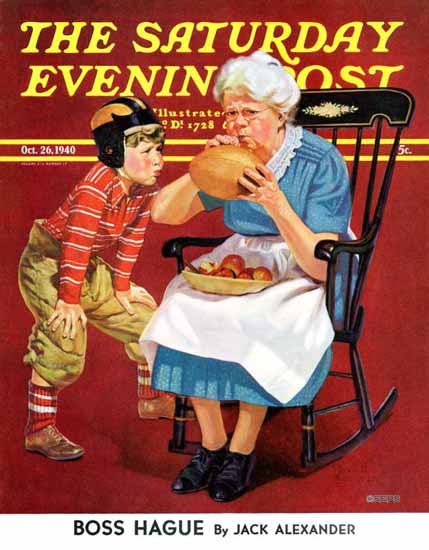 Russell Sambrook Saturday Evening Post Grandma Football 1940_10_26 | The Saturday Evening Post Graphic Art Covers 1931-1969