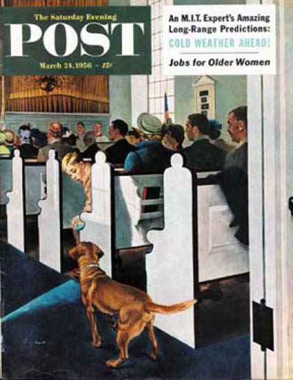 Saturday Evening Post Copyright 1956 Dog In The Church | Vintage Ad and Cover Art 1891-1970