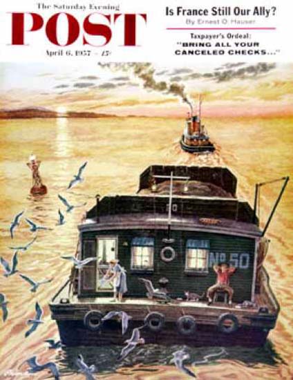 Saturday Evening Post Copyright 1957 Barges Ben K Prins | Vintage Ad and Cover Art 1891-1970