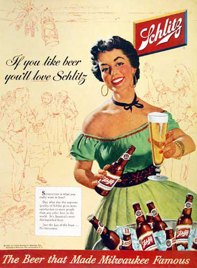 Schlitz Beer 1954 If You Like Beer Lady In Green | Sex Appeal Vintage Ads and Covers 1891-1970