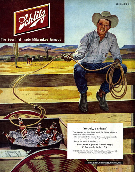 Schlitz Beer Howdy Partner Cowboy 1951 by John Falter | Sex Appeal Vintage Ads and Covers 1891-1970