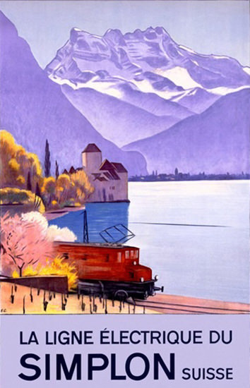 Simplon Suisse Ligne Electrique Chateau Chillon | Vintage Travel Posters 1891-1970