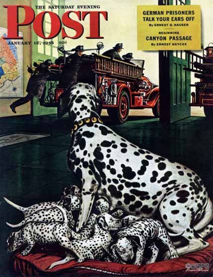 Stevan Dohanos Saturday Evening Post Dalmatian and Pups 1945_01_13 | Sat Eve Post 1931-69 Stevan Dohanos Saturday Evening Post Dalmatian and Pups 1945_01_13 | The Saturday Evening Post Graphic Art Covers 1931-1969