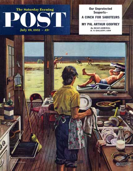 Stevan Dohanos Saturday Evening Post Doing Dishes at Beach 1952_07_19 | The Saturday Evening Post Graphic Art Covers 1931-1969