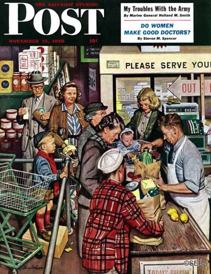 Stevan Dohanos Saturday Evening Post Grocery Line 1948_11_13 | The Saturday Evening Post Graphic Art Covers 1931-1969