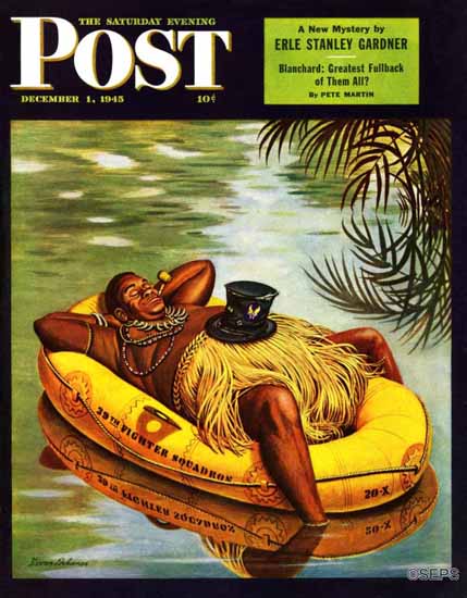 Stevan Dohanos Saturday Evening Post Native in Army Raft 1945_12_01 | The Saturday Evening Post Graphic Art Covers 1931-1969