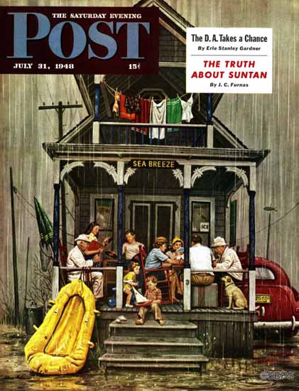 Stevan Dohanos Saturday Evening Post Rainy Day at Rental 1948_07_31 | The Saturday Evening Post Graphic Art Covers 1931-1969