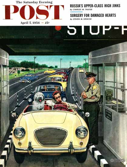 Stevan Dohanos Saturday Evening Post Stop and Pay Toll 1956_04_07 | The Saturday Evening Post Graphic Art Covers 1931-1969