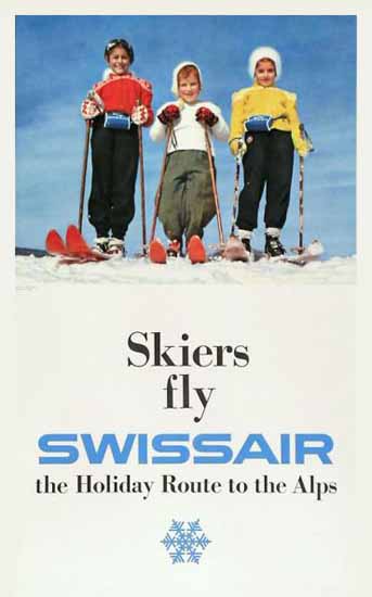 Swissair Skiers Fly Holiday Route Alps Switzerland 1954 | Vintage Travel Posters 1891-1970